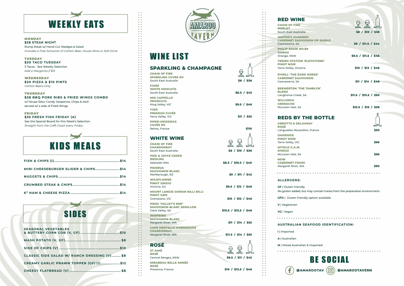 Amaroo Tavern Menu